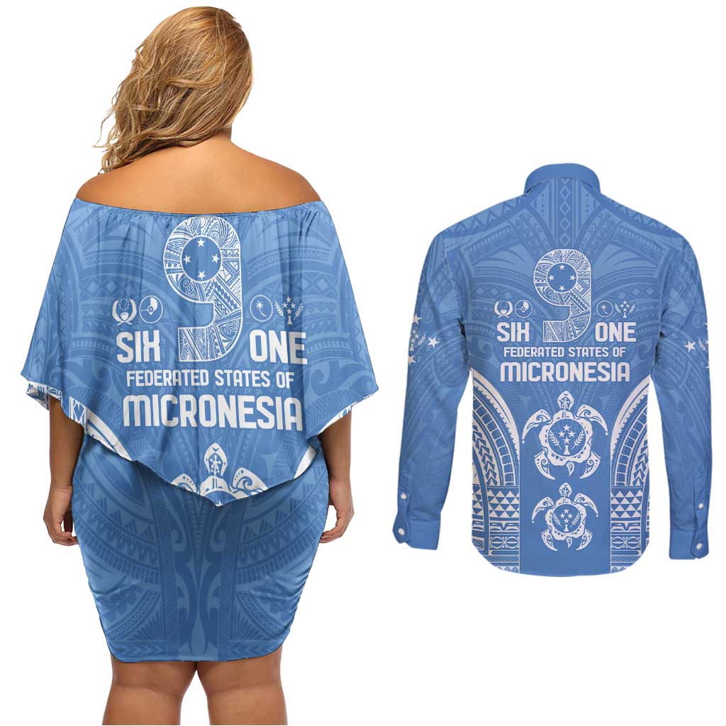FSM Kosrae States Couples Matching Off Shoulder Short Dress and Long Sleeve Button Shirt Micronesia Six 9 One Polynesian Tribal Pattern