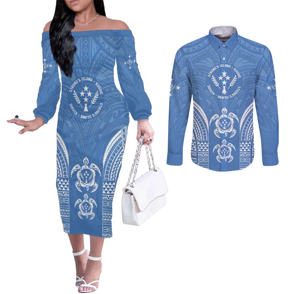 FSM Kosrae States Couples Matching Off The Shoulder Long Sleeve Dress and Long Sleeve Button Shirt Micronesia Six 9 One Polynesian Tribal Pattern LT9 Blue - Polynesian Pride