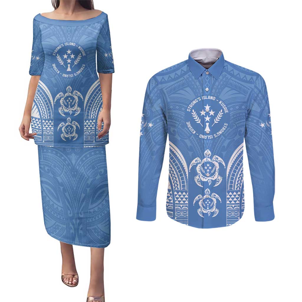 FSM Kosrae States Couples Matching Puletasi and Long Sleeve Button Shirt Micronesia Six 9 One Polynesian Tribal Pattern LT9 Blue - Polynesian Pride