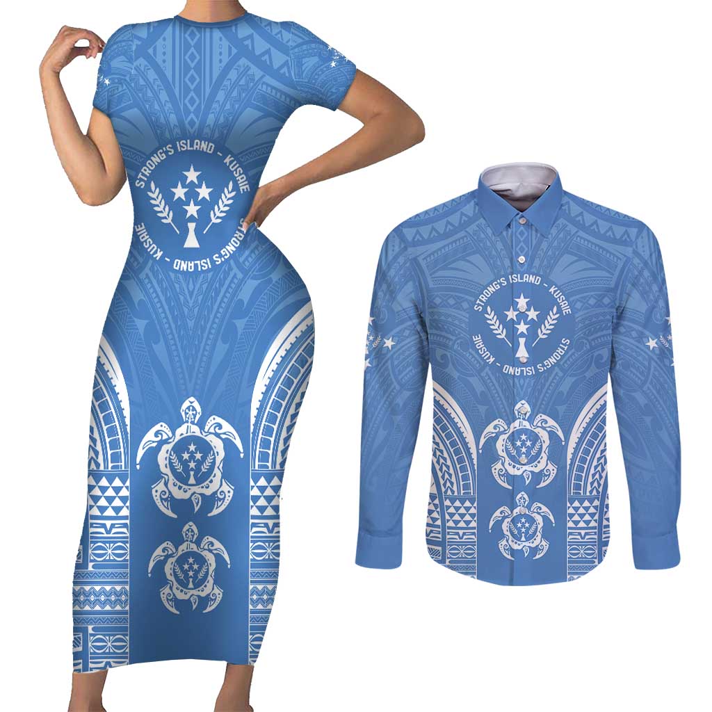 FSM Kosrae States Couples Matching Short Sleeve Bodycon Dress and Long Sleeve Button Shirt Micronesia Six 9 One Polynesian Tribal Pattern LT9 Blue - Polynesian Pride