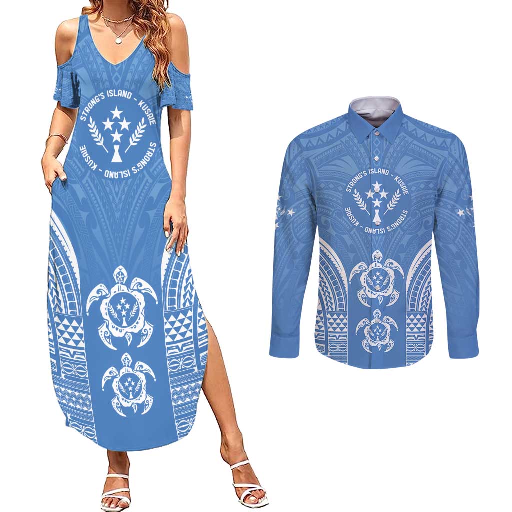 FSM Kosrae States Couples Matching Summer Maxi Dress and Long Sleeve Button Shirt Micronesia Six 9 One Polynesian Tribal Pattern LT9 Blue - Polynesian Pride