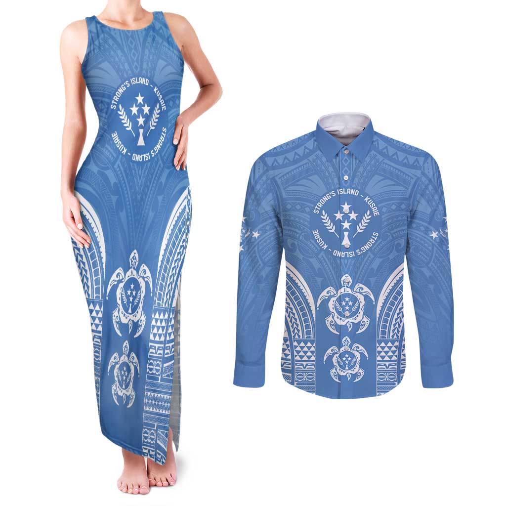 FSM Kosrae States Couples Matching Tank Maxi Dress and Long Sleeve Button Shirt Micronesia Six 9 One Polynesian Tribal Pattern LT9 Blue - Polynesian Pride