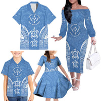 FSM Kosrae States Family Matching Off The Shoulder Long Sleeve Dress and Hawaiian Shirt Micronesia Six 9 One Polynesian Tribal Pattern