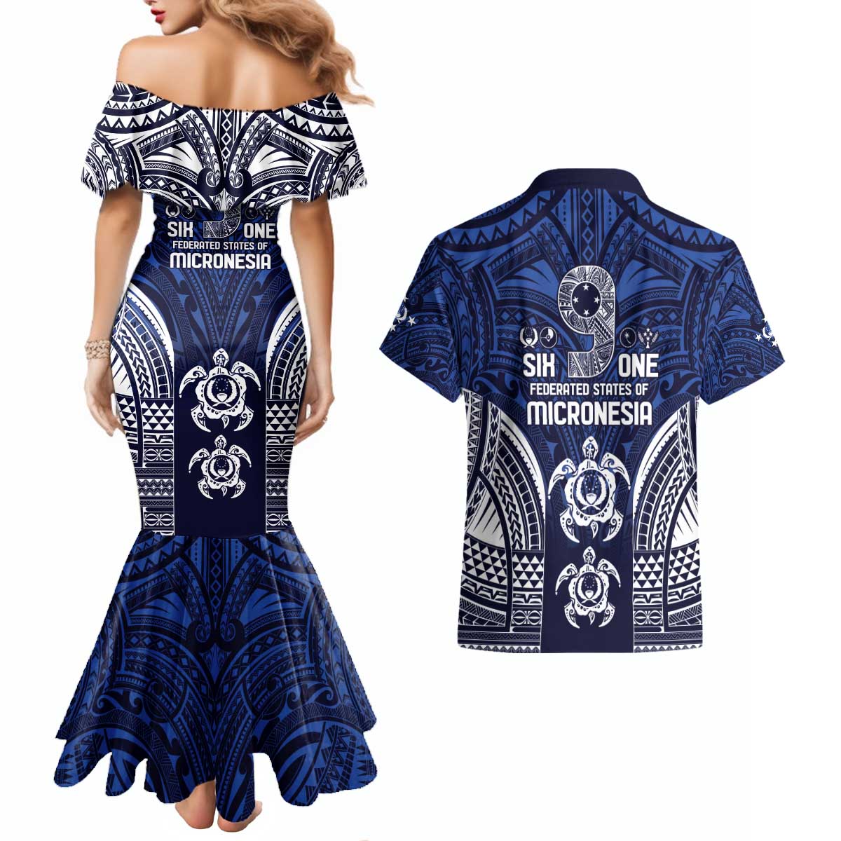 FSM Pohnpei States Couples Matching Mermaid Dress and Hawaiian Shirt Micronesia Six 9 One Polynesian Tribal Pattern