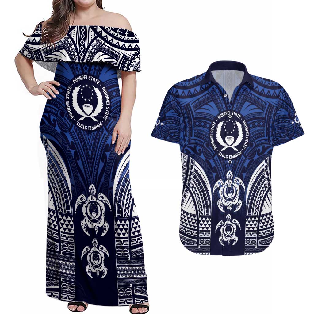 FSM Pohnpei States Couples Matching Off Shoulder Maxi Dress and Hawaiian Shirt Micronesia Six 9 One Polynesian Tribal Pattern