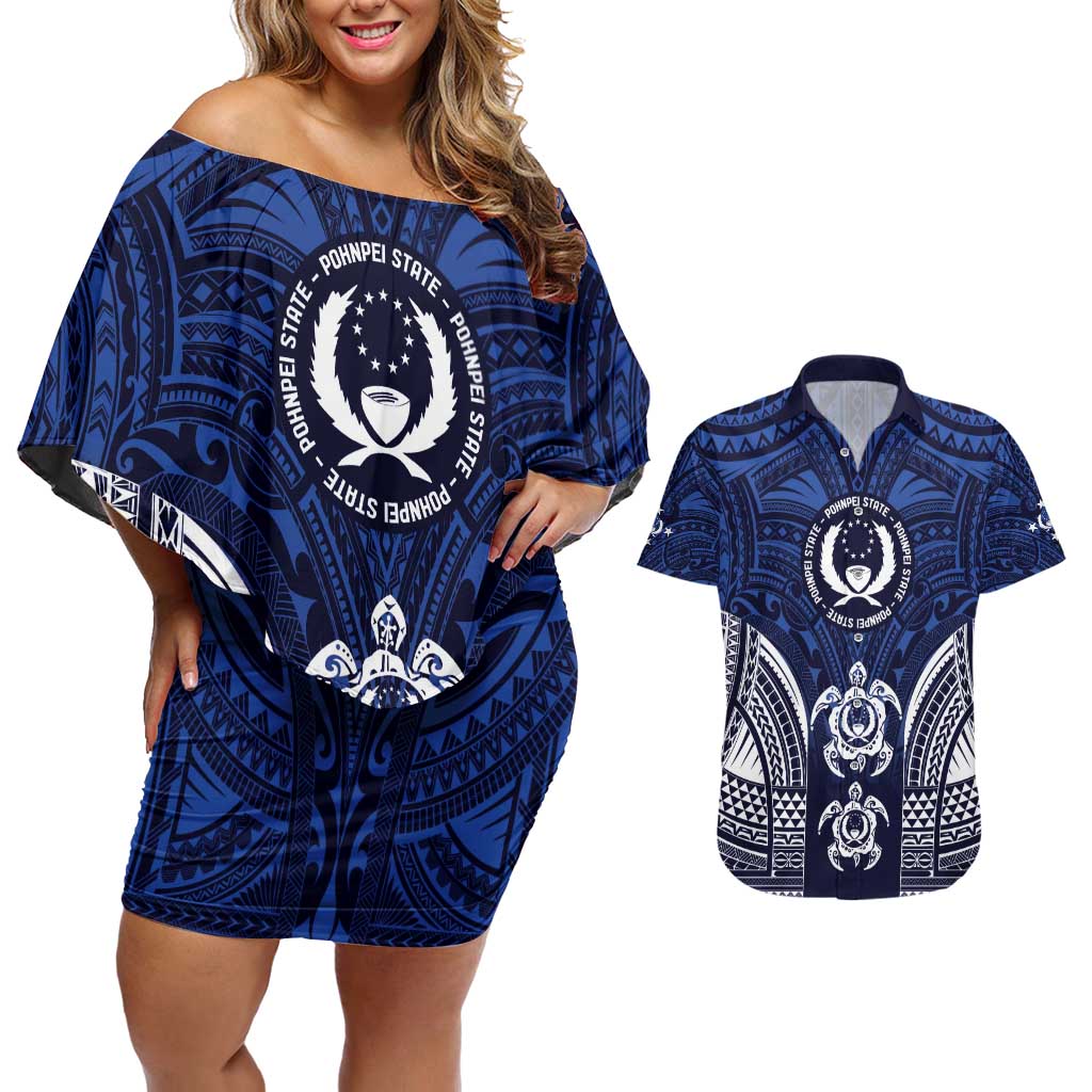 FSM Pohnpei States Couples Matching Off Shoulder Short Dress and Hawaiian Shirt Micronesia Six 9 One Polynesian Tribal Pattern