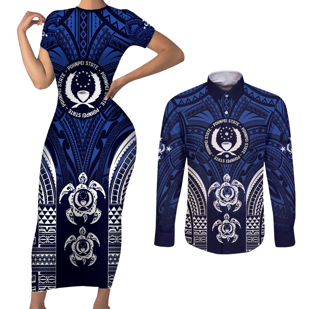 FSM Pohnpei States Couples Matching Short Sleeve Bodycon Dress and Long Sleeve Button Shirt Micronesia Six 9 One Polynesian Tribal Pattern