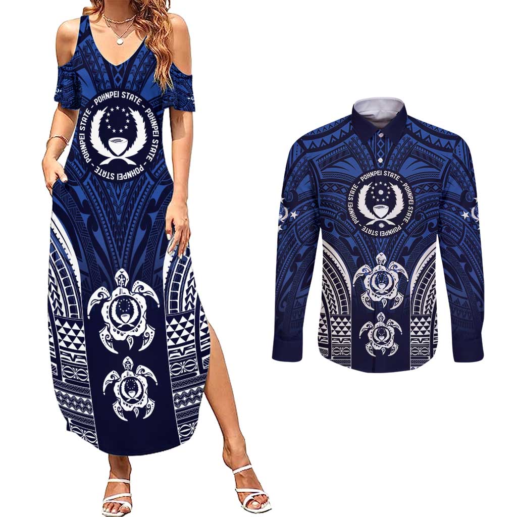 FSM Pohnpei States Couples Matching Summer Maxi Dress and Long Sleeve Button Shirt Micronesia Six 9 One Polynesian Tribal Pattern