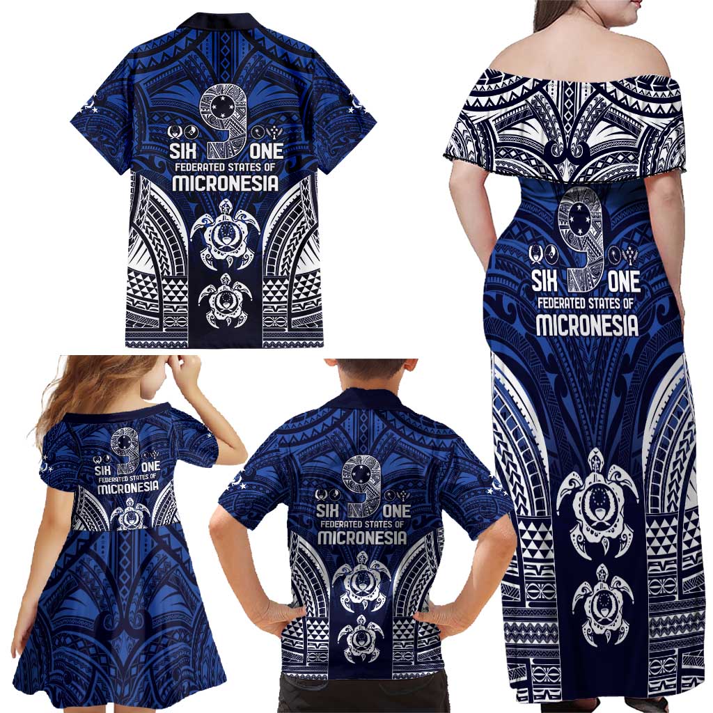 FSM Pohnpei States Family Matching Off Shoulder Maxi Dress and Hawaiian Shirt Micronesia Six 9 One Polynesian Tribal Pattern