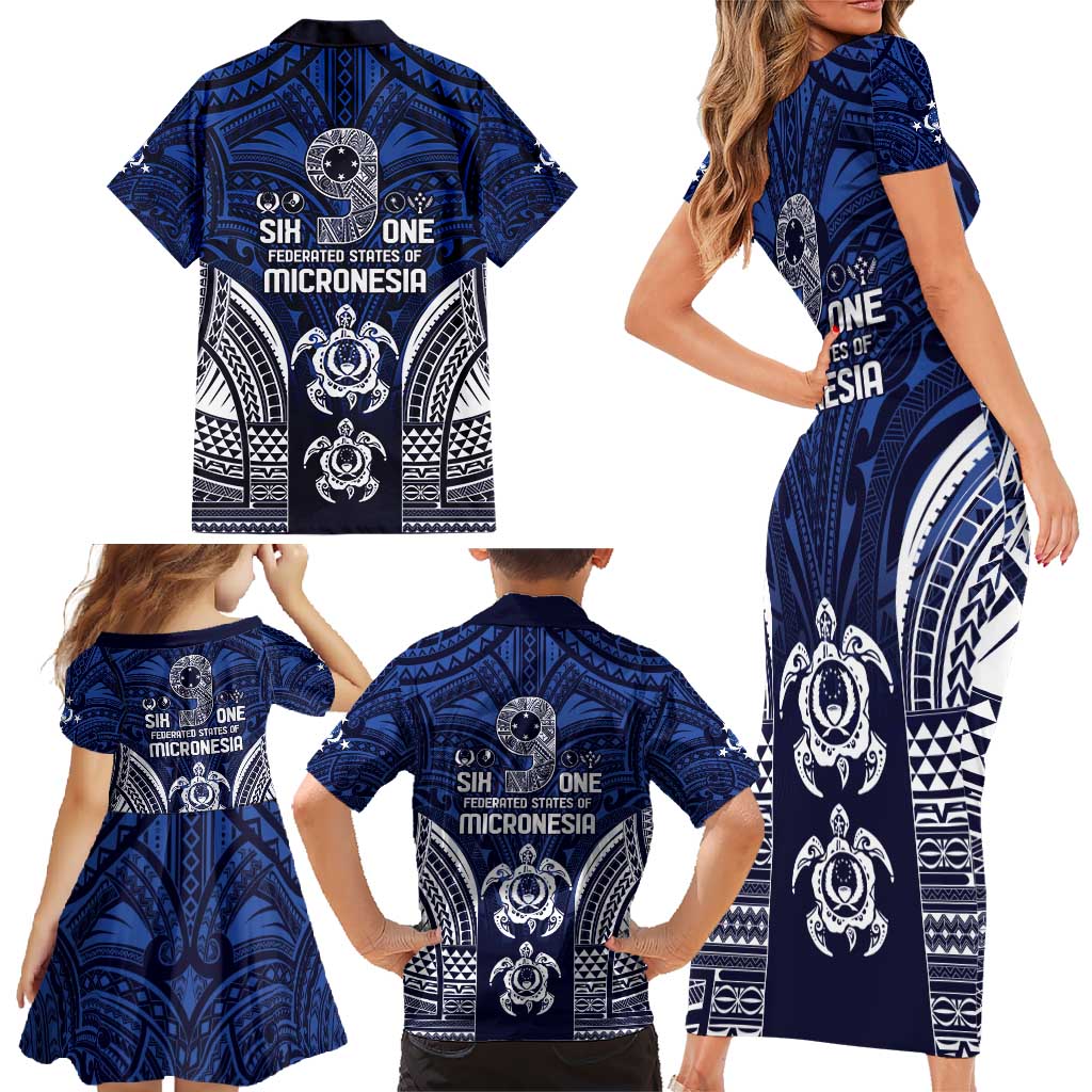 FSM Pohnpei States Family Matching Short Sleeve Bodycon Dress and Hawaiian Shirt Micronesia Six 9 One Polynesian Tribal Pattern