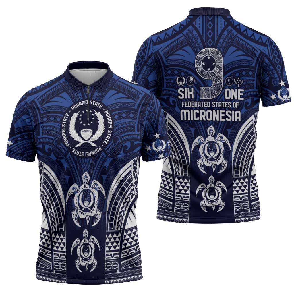 FSM Pohnpei States Zipper Polo Shirt Micronesia Six 9 One Polynesian Tribal Pattern - Polynesian Pride