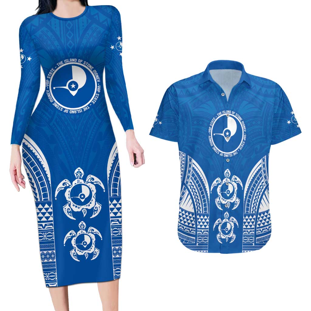 FSM Yap States Couples Matching Long Sleeve Bodycon Dress and Hawaiian Shirt Micronesia Six 9 One Polynesian Tribal Pattern