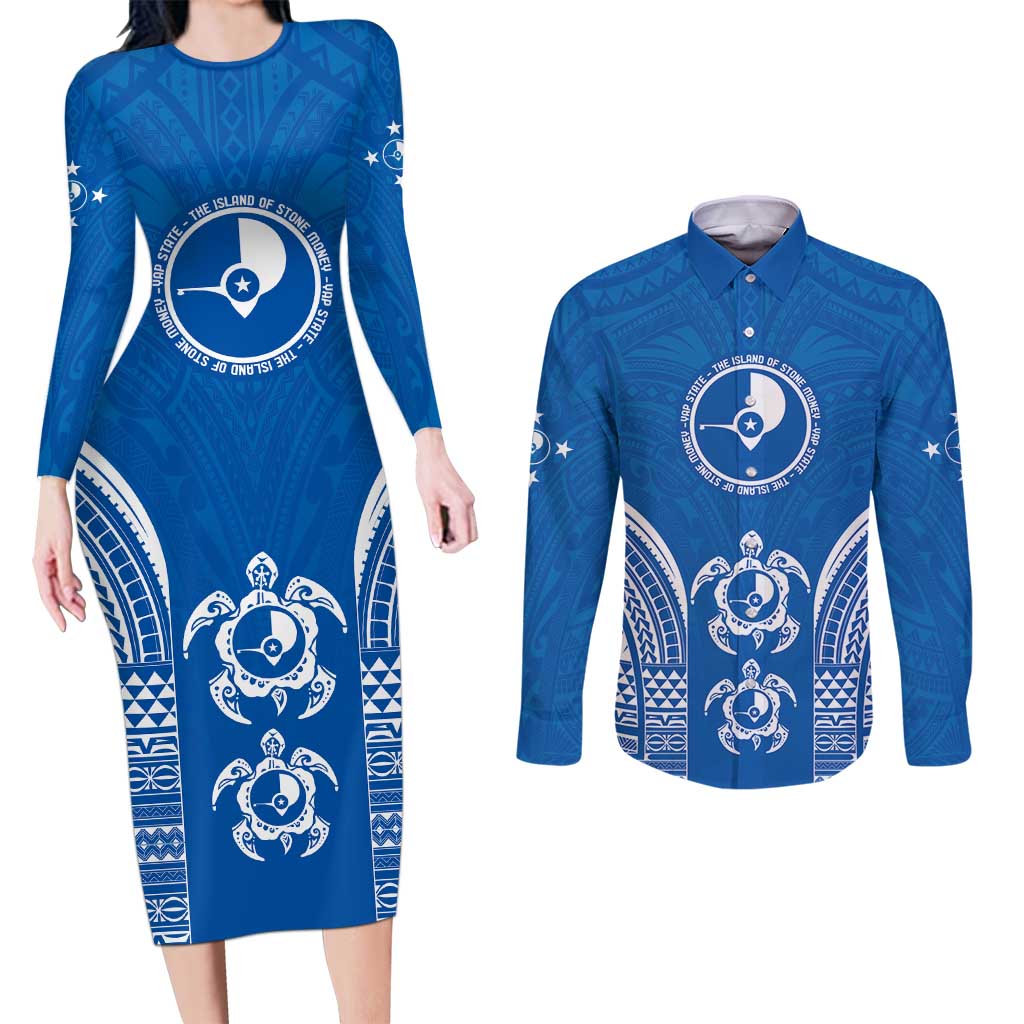 FSM Yap States Couples Matching Long Sleeve Bodycon Dress and Long Sleeve Button Shirt Micronesia Six 9 One Polynesian Tribal Pattern