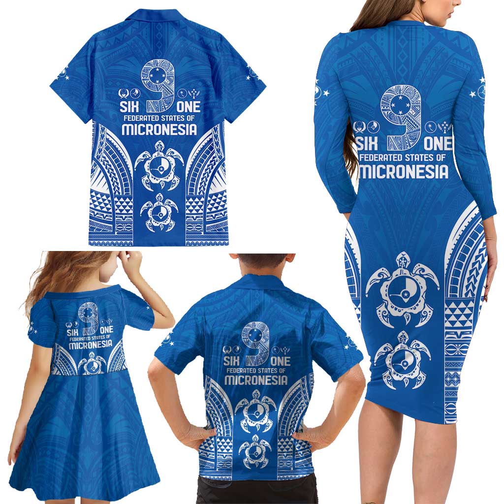 FSM Yap States Family Matching Long Sleeve Bodycon Dress and Hawaiian Shirt Micronesia Six 9 One Polynesian Tribal Pattern