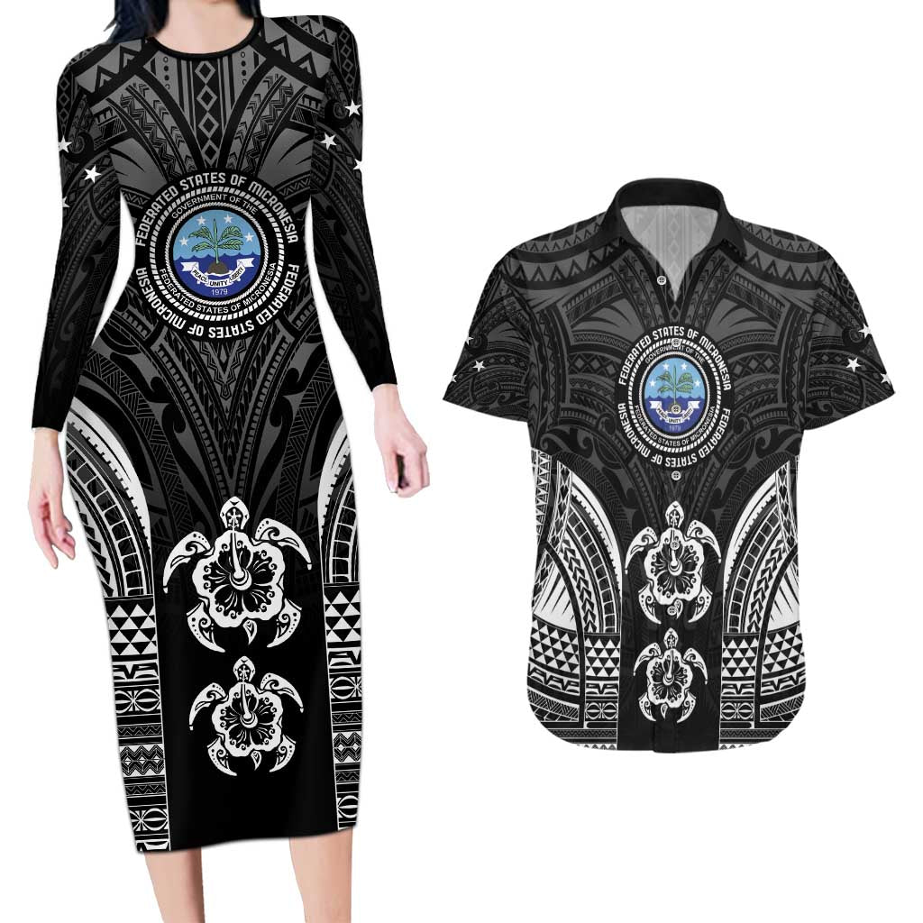 FSM Micronesia Six 9 One Couples Matching Long Sleeve Bodycon Dress and Hawaiian Shirt Polynesian Tribal Pattern LT9 Black - Polynesian Pride