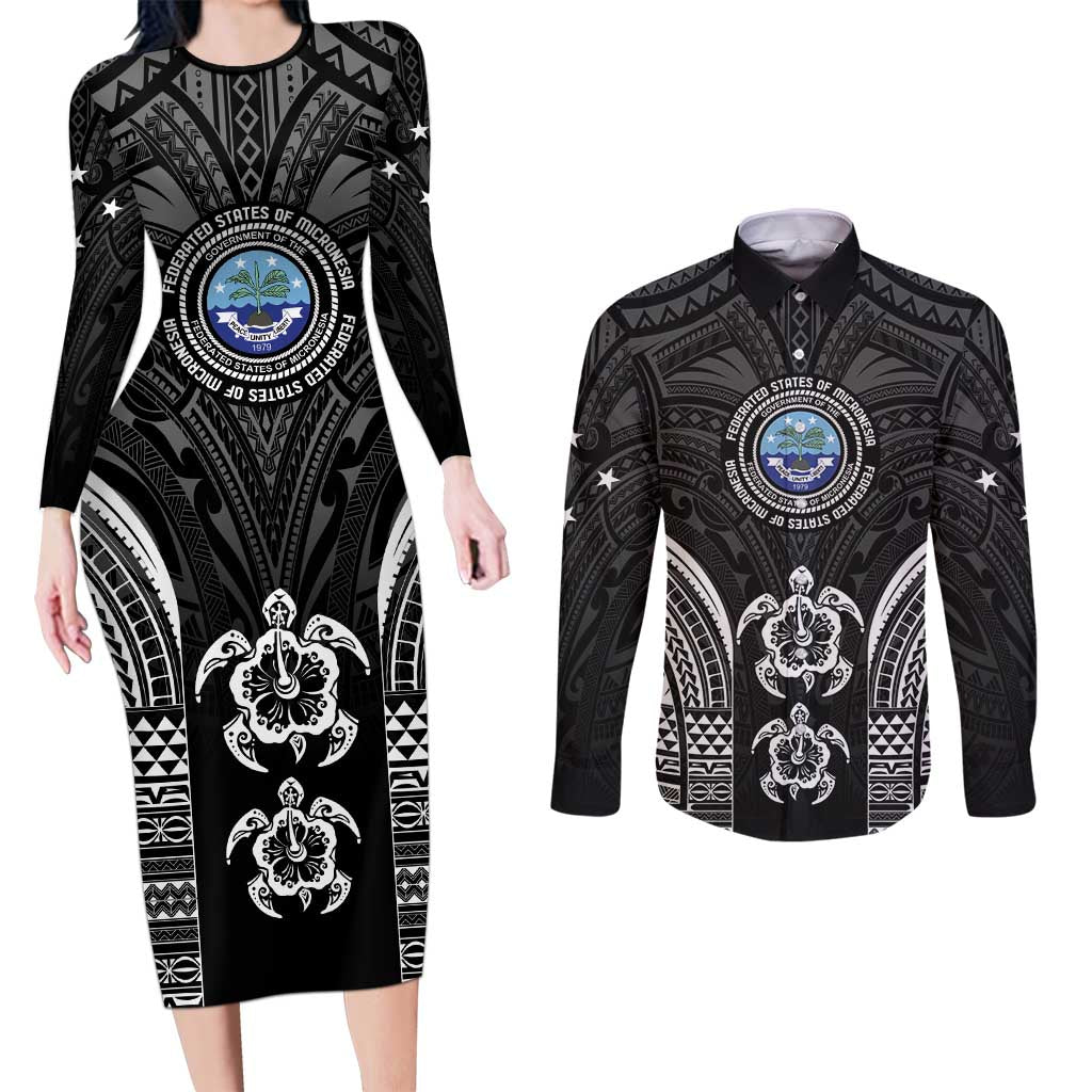FSM Micronesia Six 9 One Couples Matching Long Sleeve Bodycon Dress and Long Sleeve Button Shirt Polynesian Tribal Pattern LT9 Black - Polynesian Pride