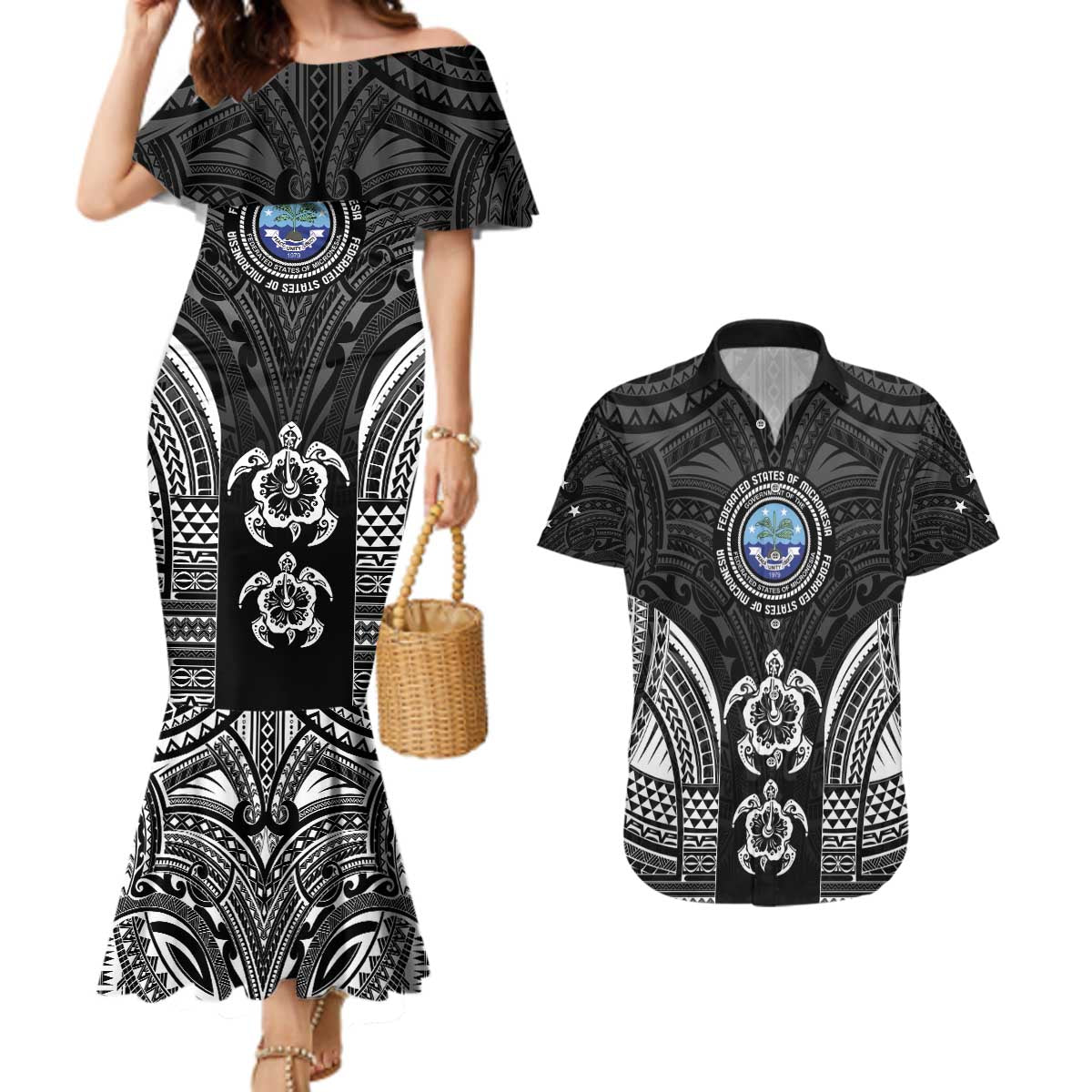 FSM Micronesia Six 9 One Couples Matching Mermaid Dress and Hawaiian Shirt Polynesian Tribal Pattern LT9 Black - Polynesian Pride