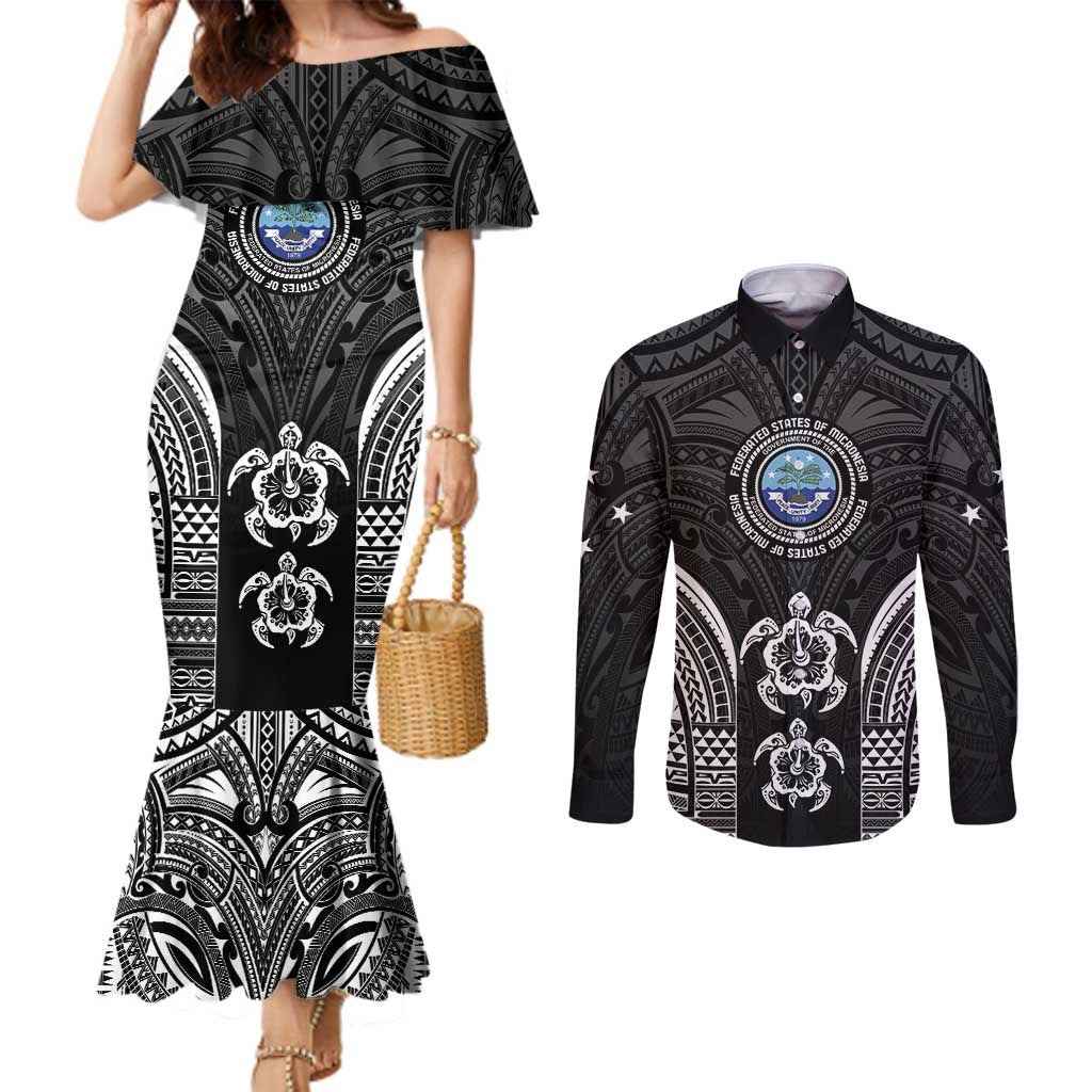 FSM Micronesia Six 9 One Couples Matching Mermaid Dress and Long Sleeve Button Shirt Polynesian Tribal Pattern LT9 Black - Polynesian Pride