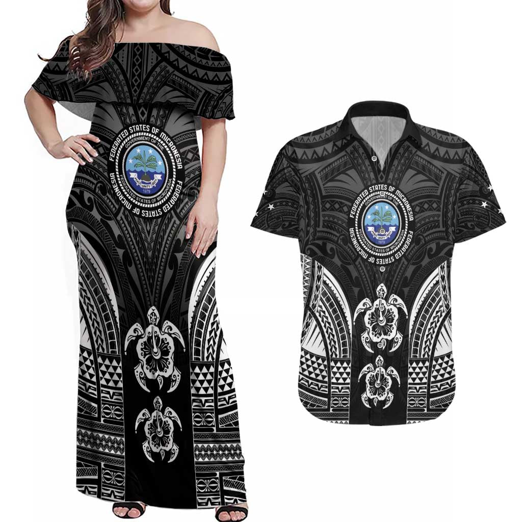 FSM Micronesia Six 9 One Couples Matching Off Shoulder Maxi Dress and Hawaiian Shirt Polynesian Tribal Pattern LT9 Black - Polynesian Pride