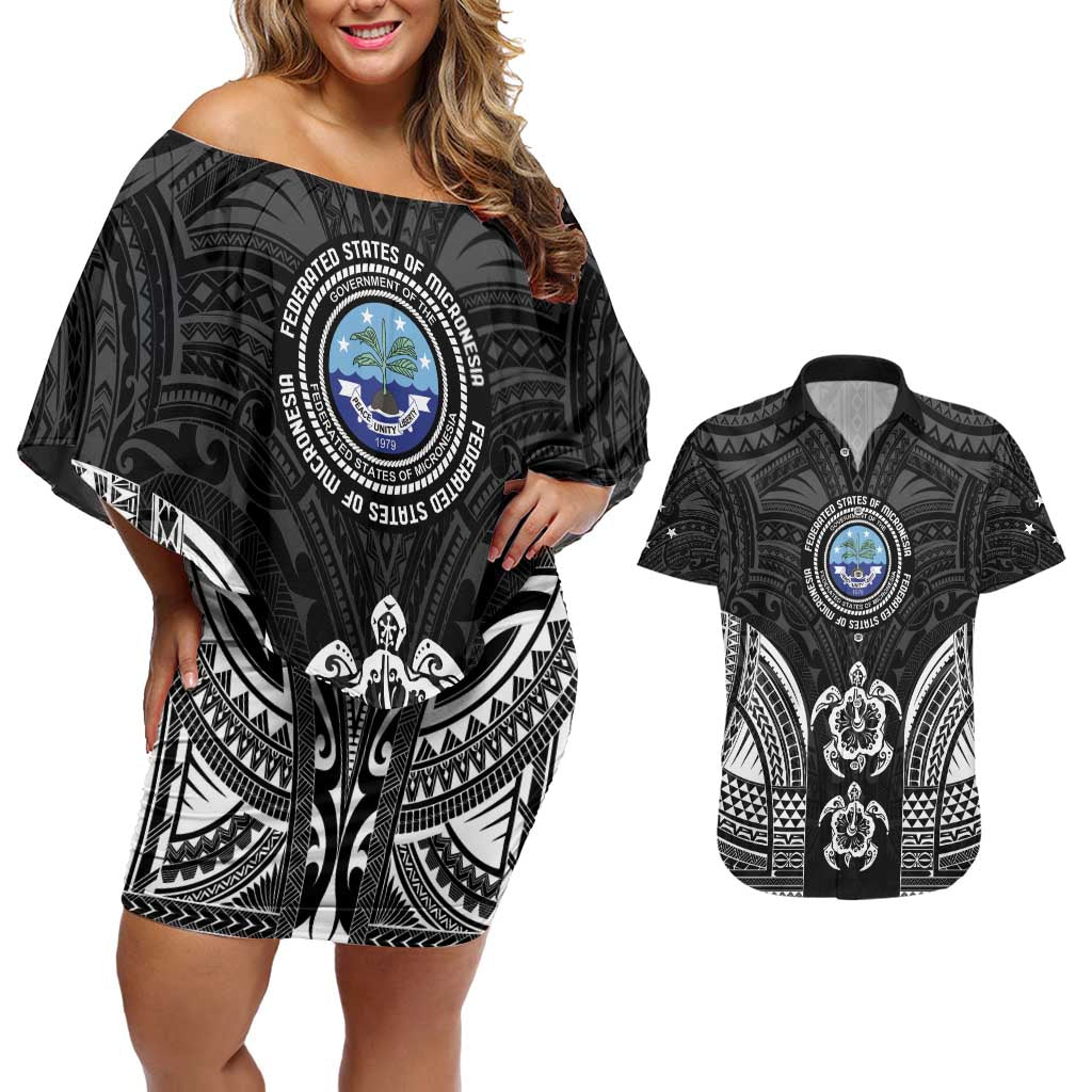 FSM Micronesia Six 9 One Couples Matching Off Shoulder Short Dress and Hawaiian Shirt Polynesian Tribal Pattern LT9 Black - Polynesian Pride