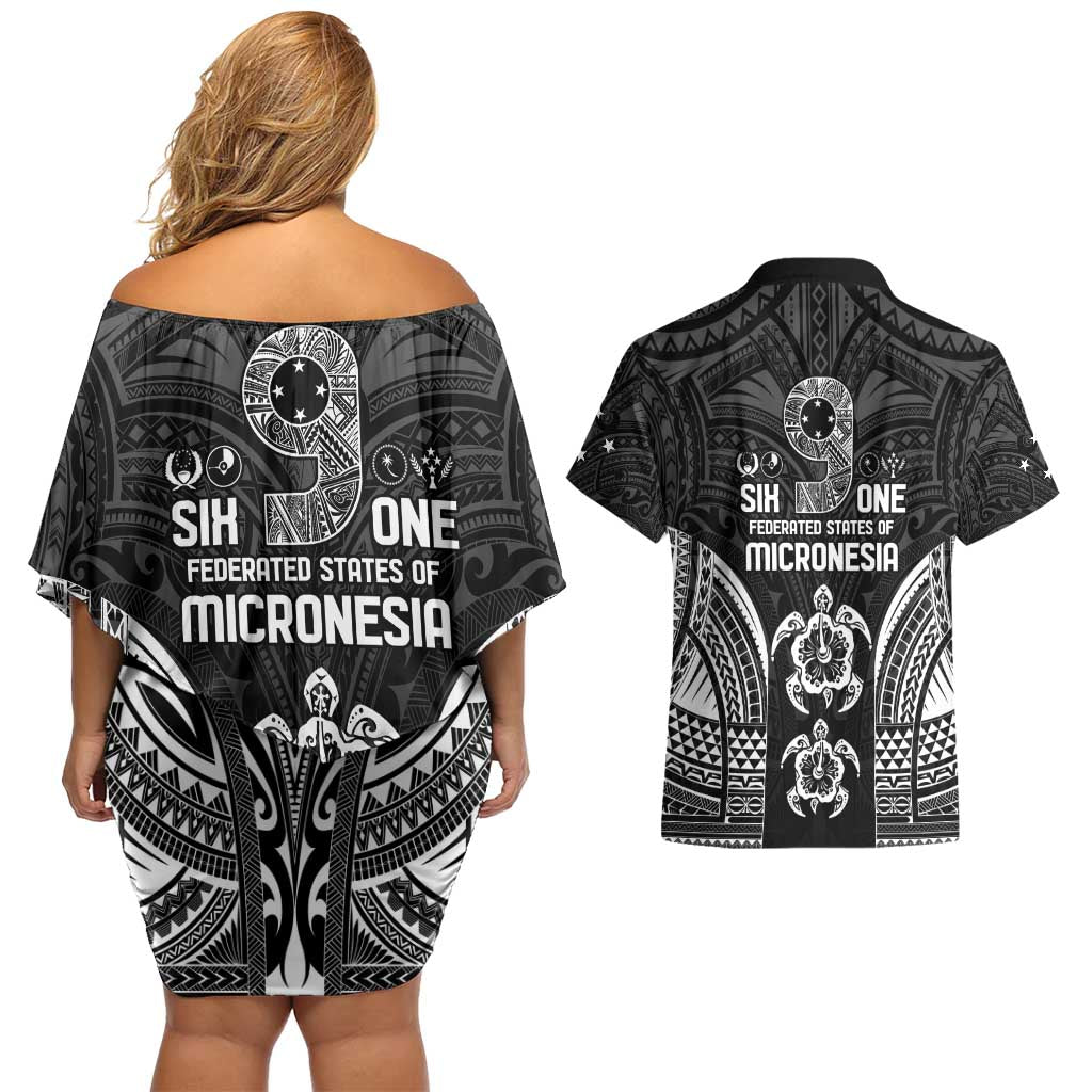 FSM Micronesia Six 9 One Couples Matching Off Shoulder Short Dress and Hawaiian Shirt Polynesian Tribal Pattern
