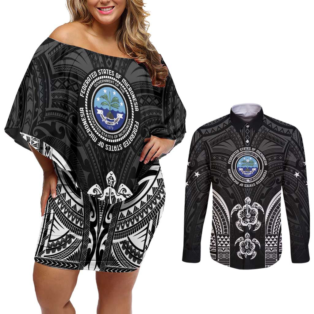 FSM Micronesia Six 9 One Couples Matching Off Shoulder Short Dress and Long Sleeve Button Shirt Polynesian Tribal Pattern LT9 Black - Polynesian Pride