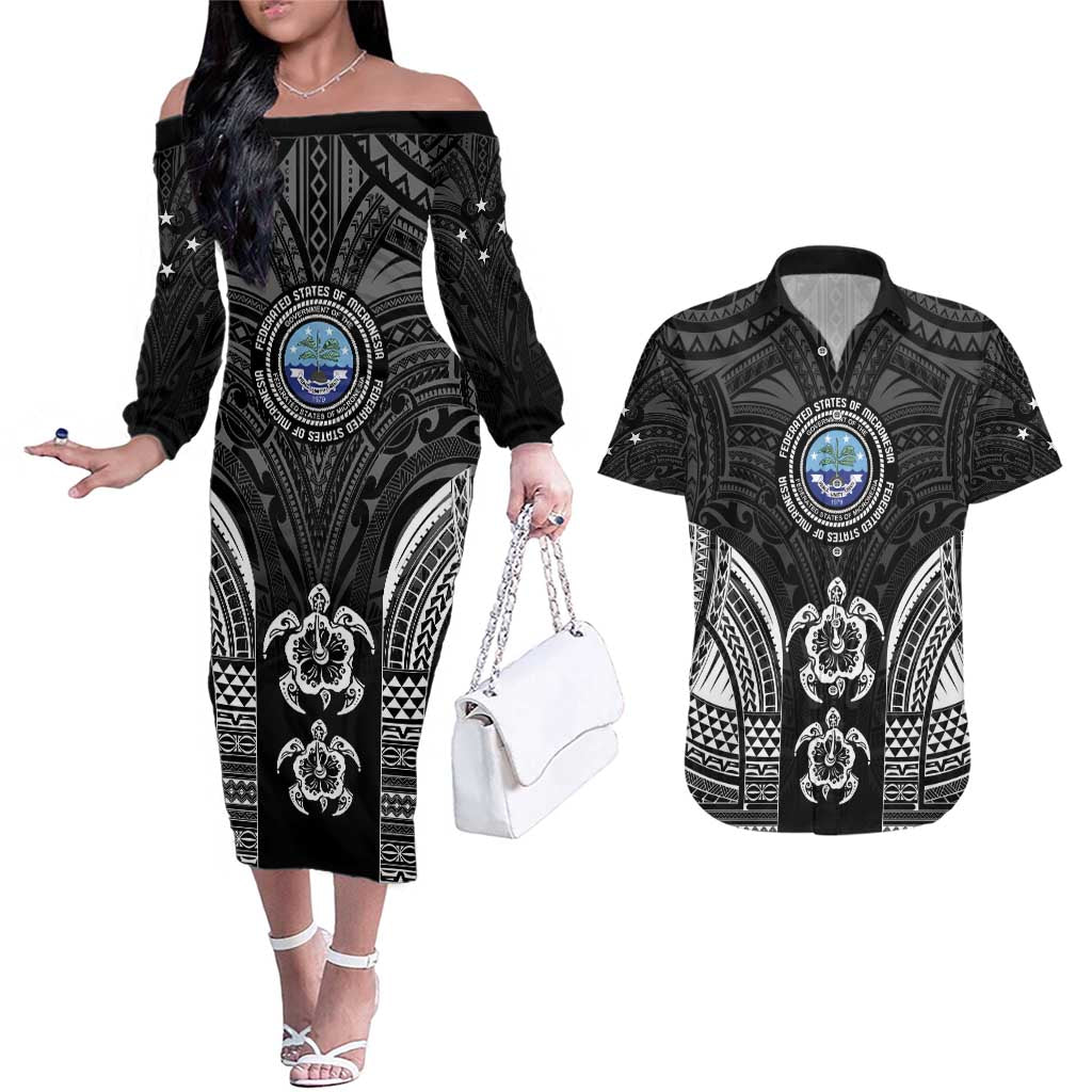 FSM Micronesia Six 9 One Couples Matching Off The Shoulder Long Sleeve Dress and Hawaiian Shirt Polynesian Tribal Pattern LT9 Black - Polynesian Pride