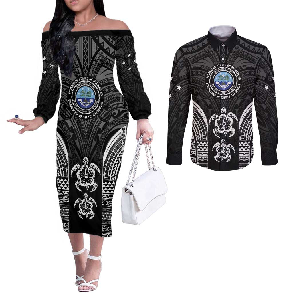FSM Micronesia Six 9 One Couples Matching Off The Shoulder Long Sleeve Dress and Long Sleeve Button Shirt Polynesian Tribal Pattern LT9 Black - Polynesian Pride