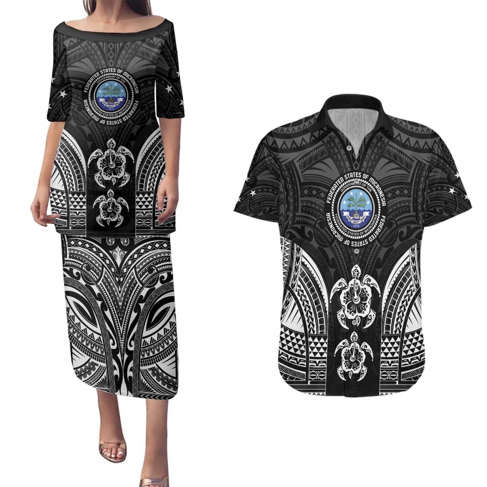 FSM Micronesia Six 9 One Couples Matching Puletasi and Hawaiian Shirt Polynesian Tribal Pattern LT9 Black - Polynesian Pride