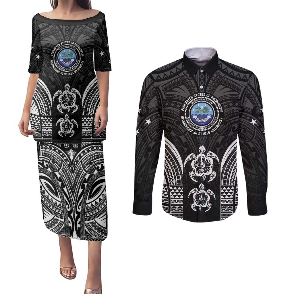 FSM Micronesia Six 9 One Couples Matching Puletasi and Long Sleeve Button Shirt Polynesian Tribal Pattern LT9 Black - Polynesian Pride