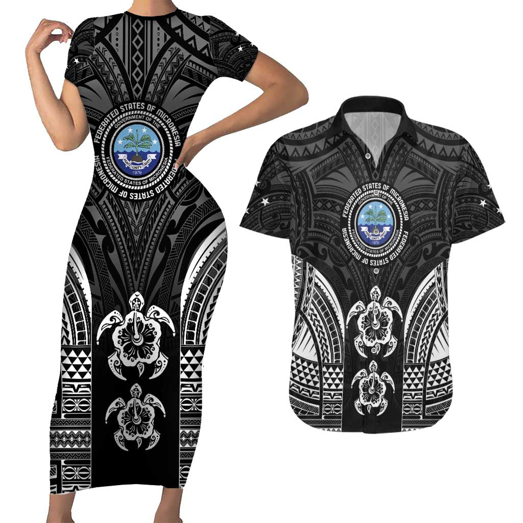 FSM Micronesia Six 9 One Couples Matching Short Sleeve Bodycon Dress and Hawaiian Shirt Polynesian Tribal Pattern LT9 Black - Polynesian Pride