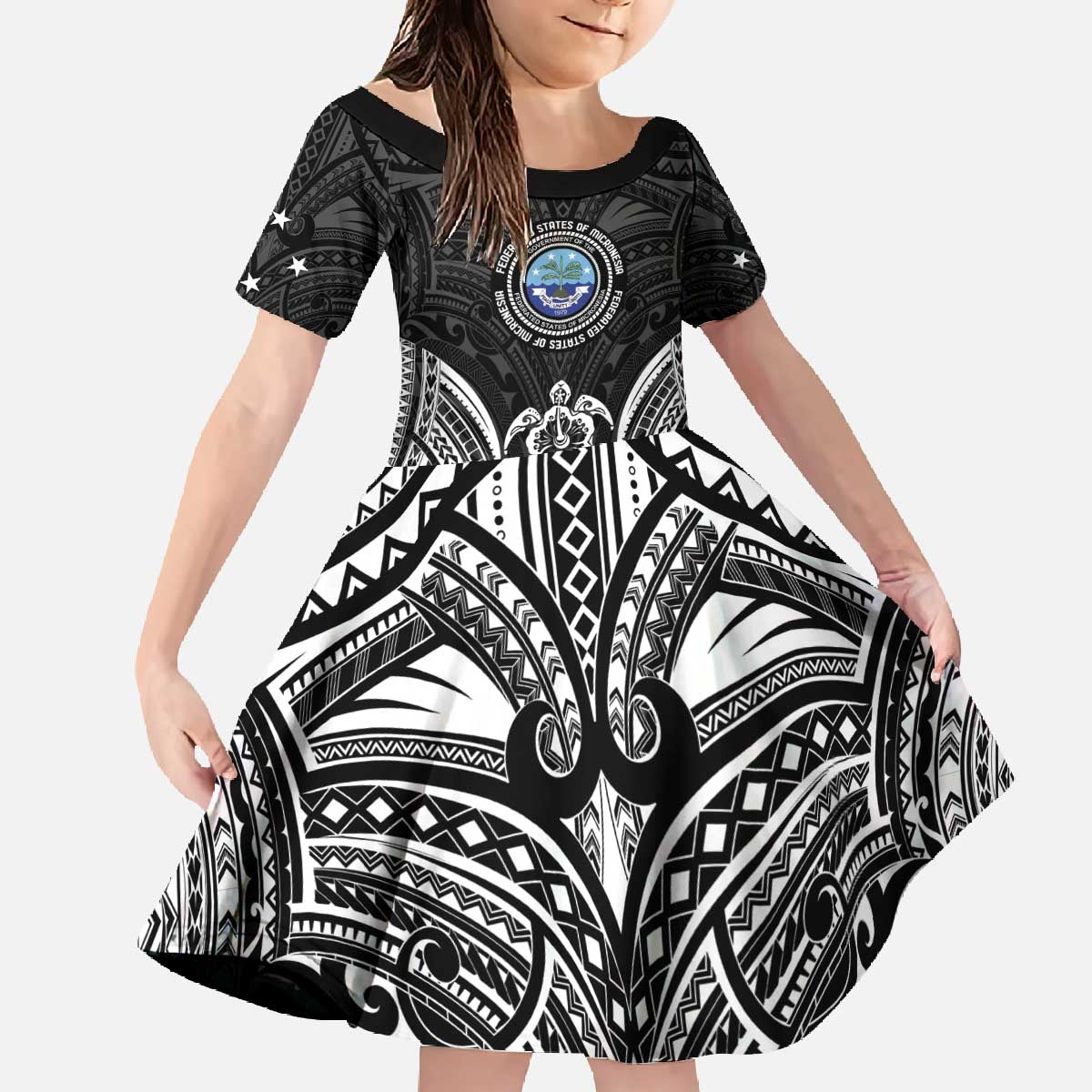 FSM Micronesia Six 9 One Family Matching Off The Shoulder Long Sleeve Dress and Hawaiian Shirt Polynesian Tribal Pattern