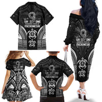 FSM Micronesia Six 9 One Family Matching Off The Shoulder Long Sleeve Dress and Hawaiian Shirt Polynesian Tribal Pattern