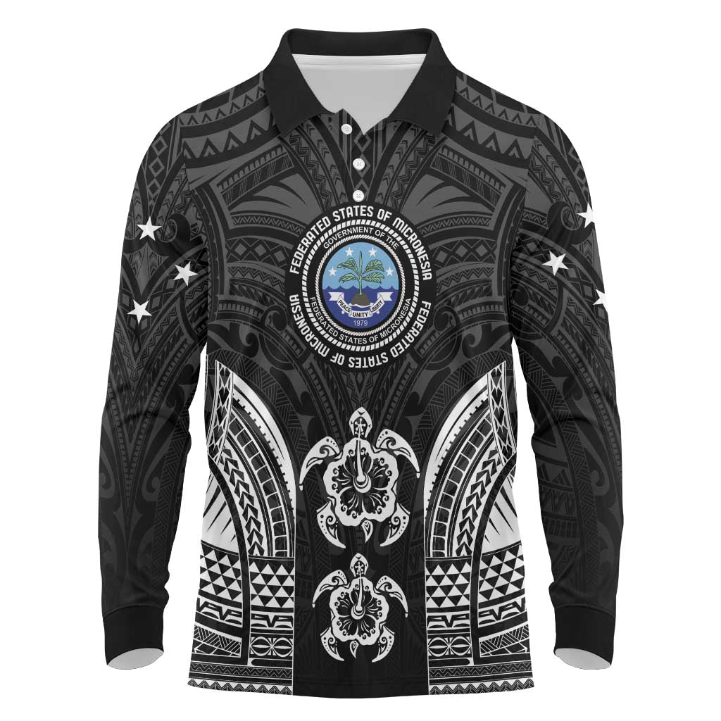 FSM Micronesia Six 9 One Long Sleeve Polo Shirt Polynesian Tribal Pattern LT9 Black - Polynesian Pride