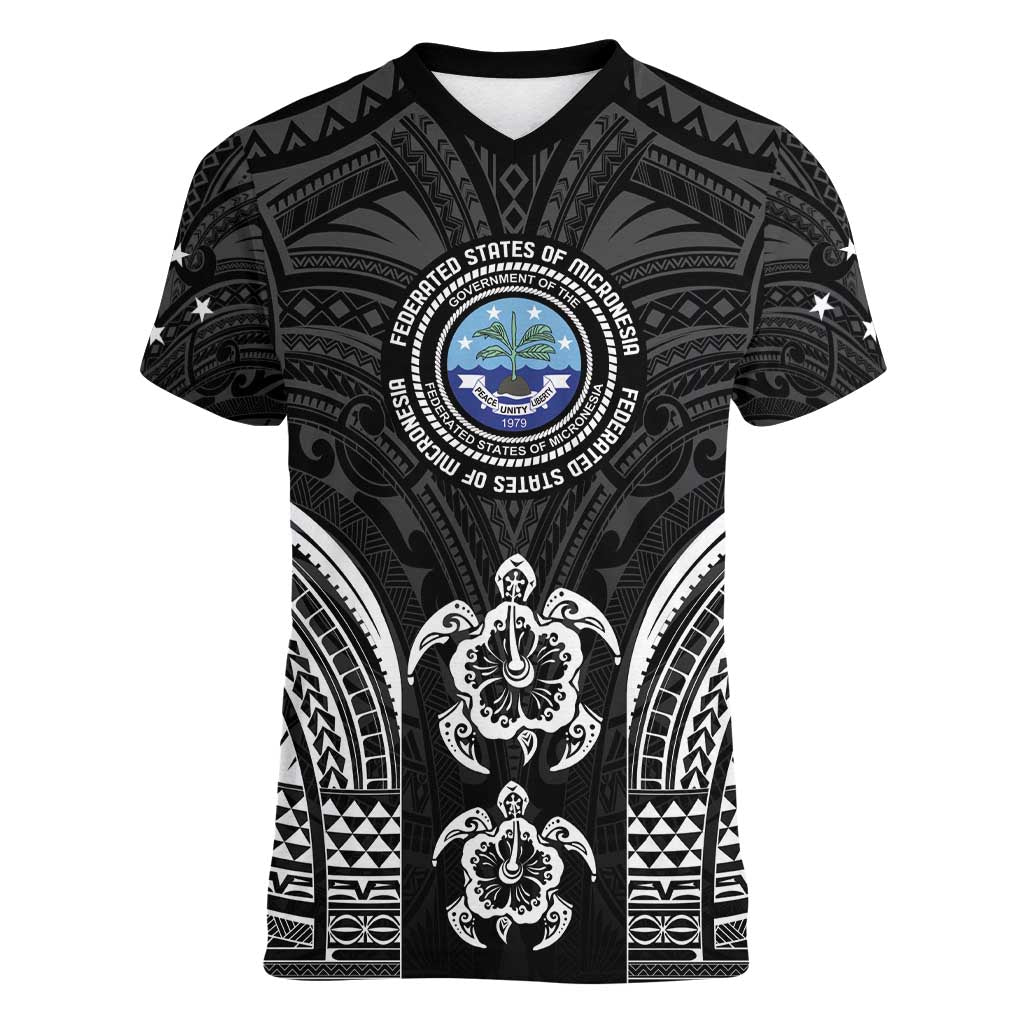 FSM Micronesia Six 9 One Women V-Neck T-Shirt Polynesian Tribal Pattern LT9 Female Black - Polynesian Pride