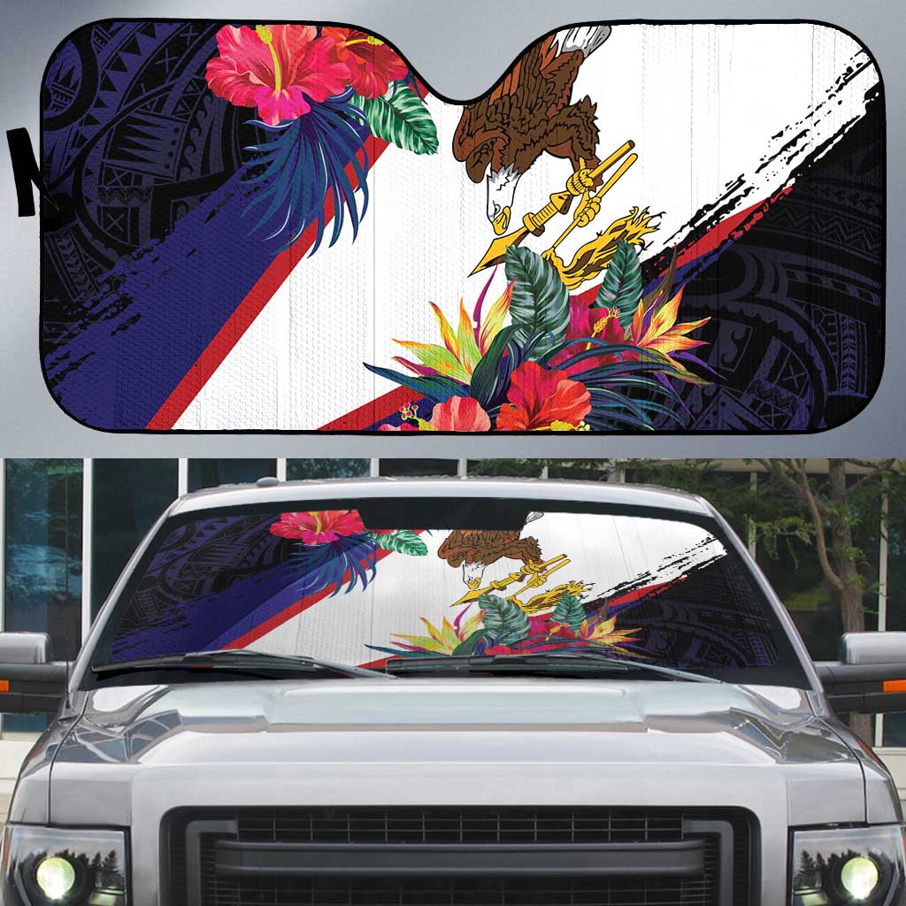 American Samoa Flag Day Since 1900 Auto Sun Shade Samoa Muamua Le Atua Tropical Flowers LT9 Blue - Polynesian Pride