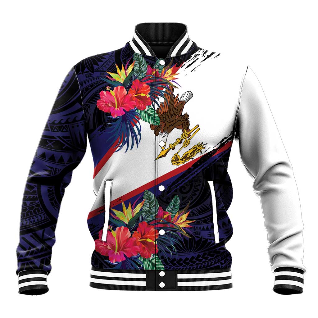 American Samoa Flag Day Since 1900 Baseball Jacket Samoa Muamua Le Atua Tropical Flowers LT9 Unisex Blue - Polynesian Pride
