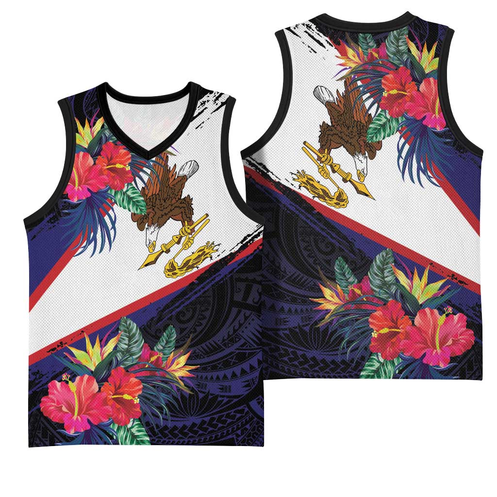 American Samoa Flag Day Since 1900 Basketball Jersey Samoa Muamua Le Atua Tropical Flowers - Polynesian Pride
