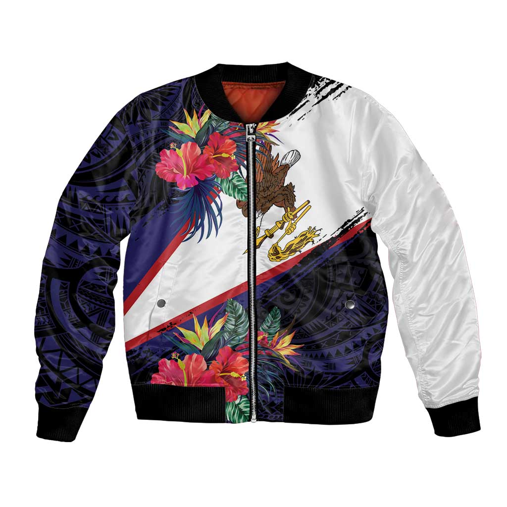 American Samoa Flag Day Since 1900 Bomber Jacket Samoa Muamua Le Atua Tropical Flowers LT9 Unisex Blue - Polynesian Pride