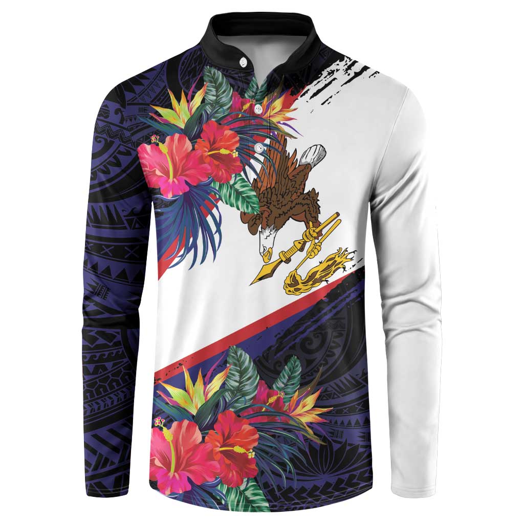 American Samoa Flag Day Since 1900 Button Sweatshirt Samoa Muamua Le Atua Tropical Flowers LT9 Blue - Polynesian Pride