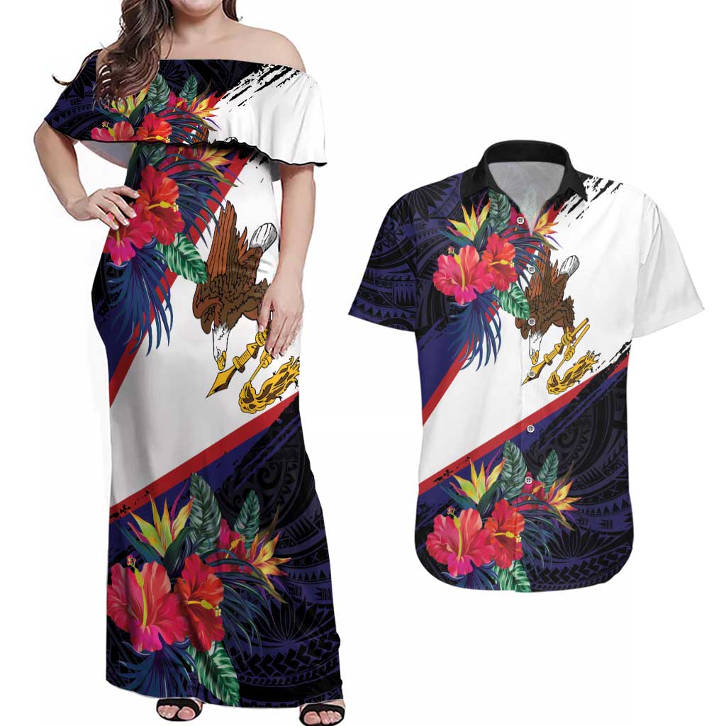 American Samoa Flag Day Since 1900 Couples Matching Off Shoulder Maxi Dress and Hawaiian Shirt Samoa Muamua Le Atua Tropical Flowers