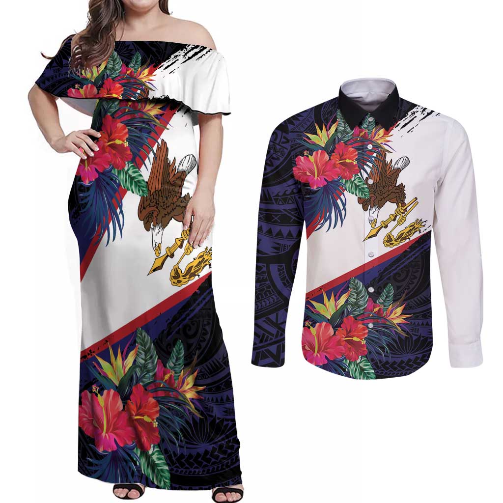 American Samoa Flag Day Since 1900 Couples Matching Off Shoulder Maxi Dress and Long Sleeve Button Shirt Samoa Muamua Le Atua Tropical Flowers LT9 Blue - Polynesian Pride