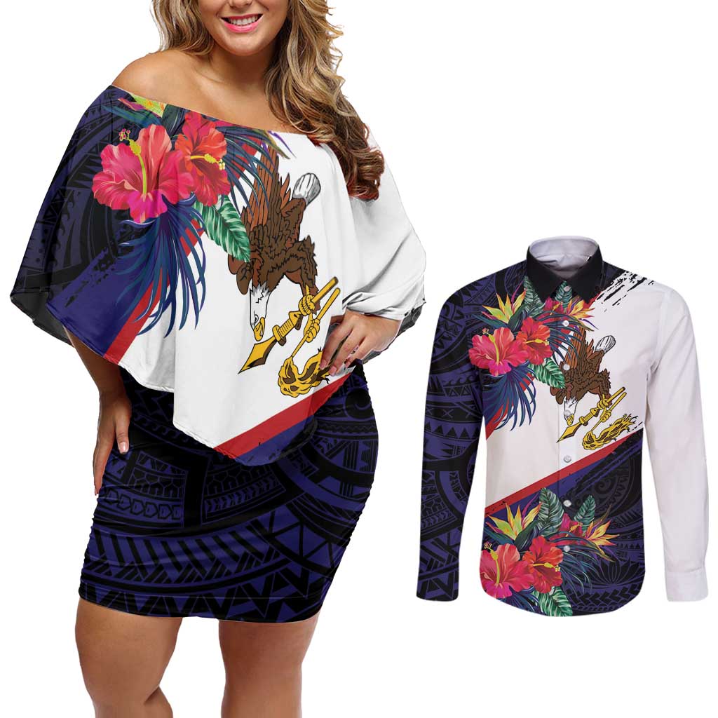 American Samoa Flag Day Since 1900 Couples Matching Off Shoulder Short Dress and Long Sleeve Button Shirt Samoa Muamua Le Atua Tropical Flowers LT9 Blue - Polynesian Pride