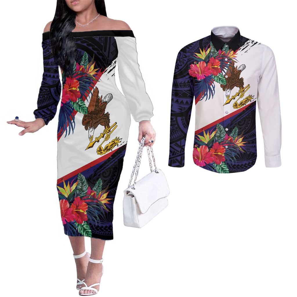American Samoa Flag Day Since 1900 Couples Matching Off The Shoulder Long Sleeve Dress and Long Sleeve Button Shirt Samoa Muamua Le Atua Tropical Flowers LT9 Blue - Polynesian Pride