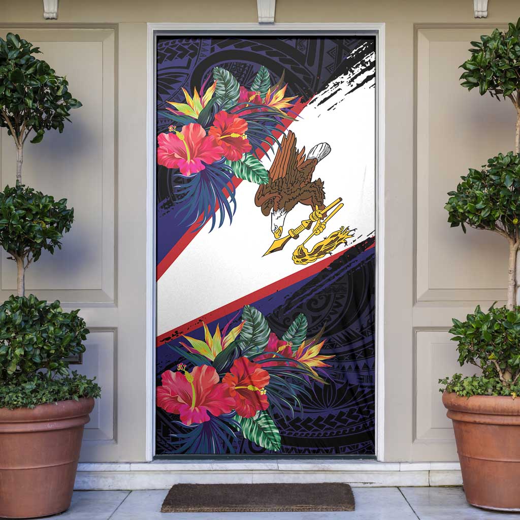 American Samoa Flag Day Since 1900 Door Cover Samoa Muamua Le Atua Tropical Flowers LT9 Blue - Polynesian Pride