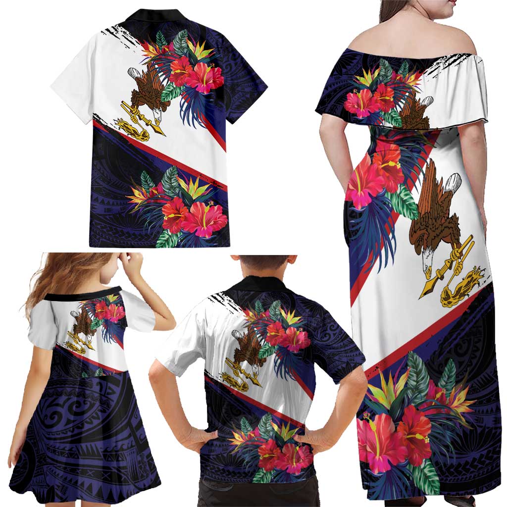 American Samoa Flag Day Since 1900 Family Matching Off Shoulder Maxi Dress and Hawaiian Shirt Samoa Muamua Le Atua Tropical Flowers