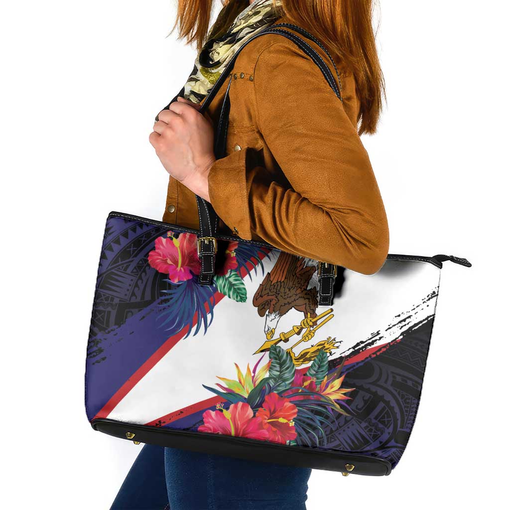 American Samoa Flag Day Since 1900 Leather Tote Bag Samoa Muamua Le Atua Tropical Flowers LT9 Blue - Polynesian Pride
