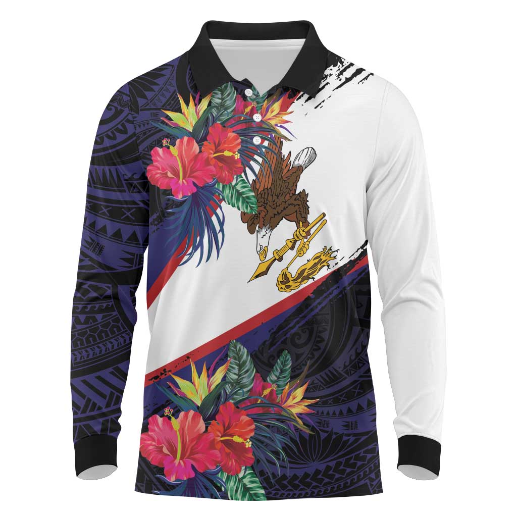 American Samoa Flag Day Since 1900 Long Sleeve Polo Shirt Samoa Muamua Le Atua Tropical Flowers LT9 Blue - Polynesian Pride