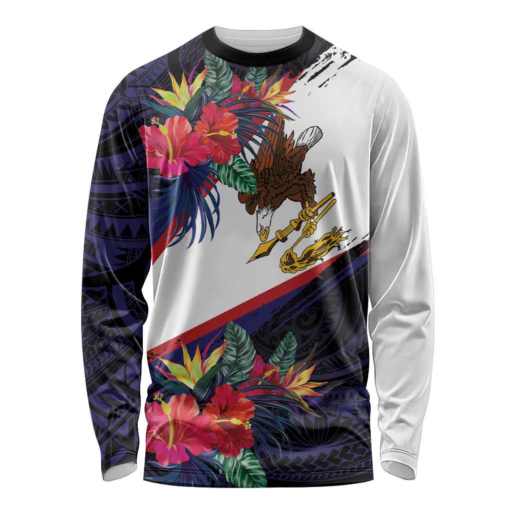 American Samoa Flag Day Since 1900 Long Sleeve Shirt Samoa Muamua Le Atua Tropical Flowers LT9 Unisex Blue - Polynesian Pride