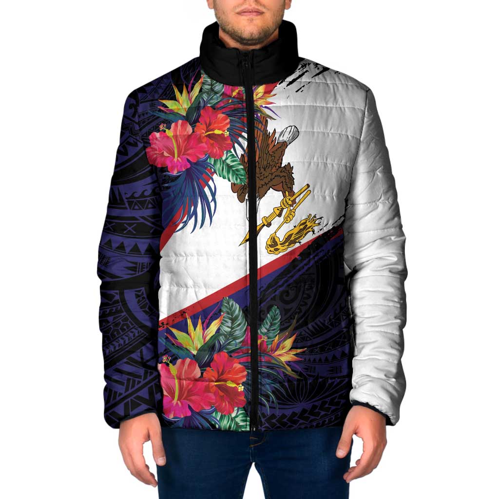 American Samoa Flag Day Since 1900 Padded Jacket Samoa Muamua Le Atua Tropical Flowers LT9 Men Blue - Polynesian Pride